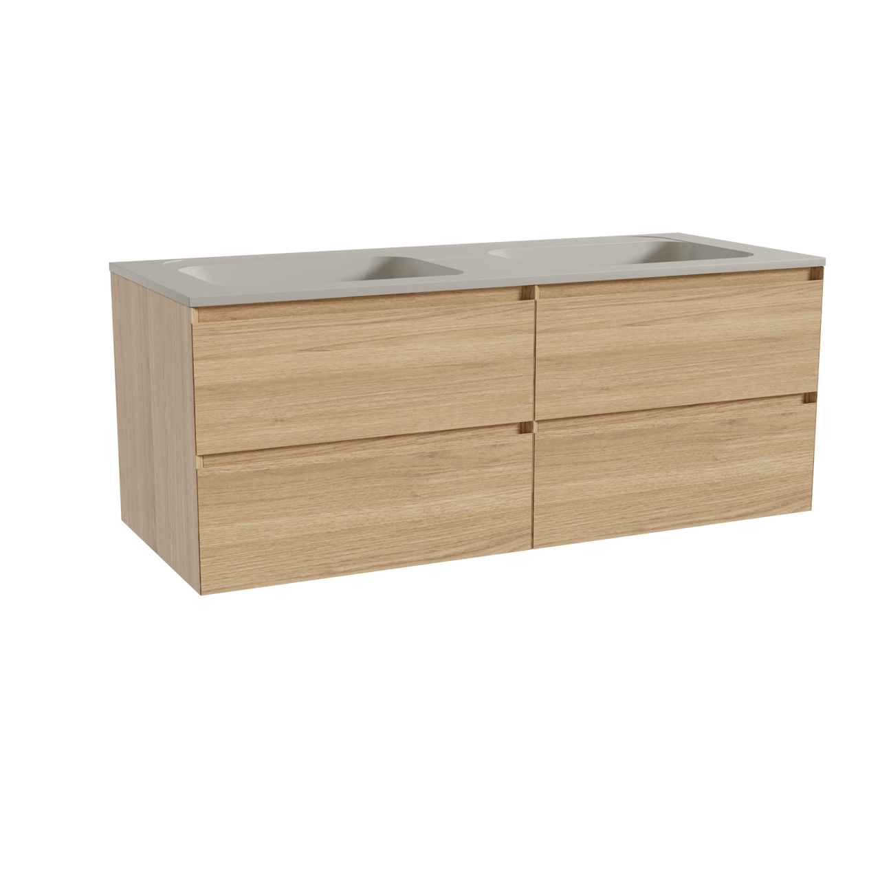 Balmani Mitra hängendes Möbelstück Set: 135 x 55 cm, Naturbelassene Eiche, mit Tablo Strada Doppelwaschtisch, Marmorkomposit Seidengrau