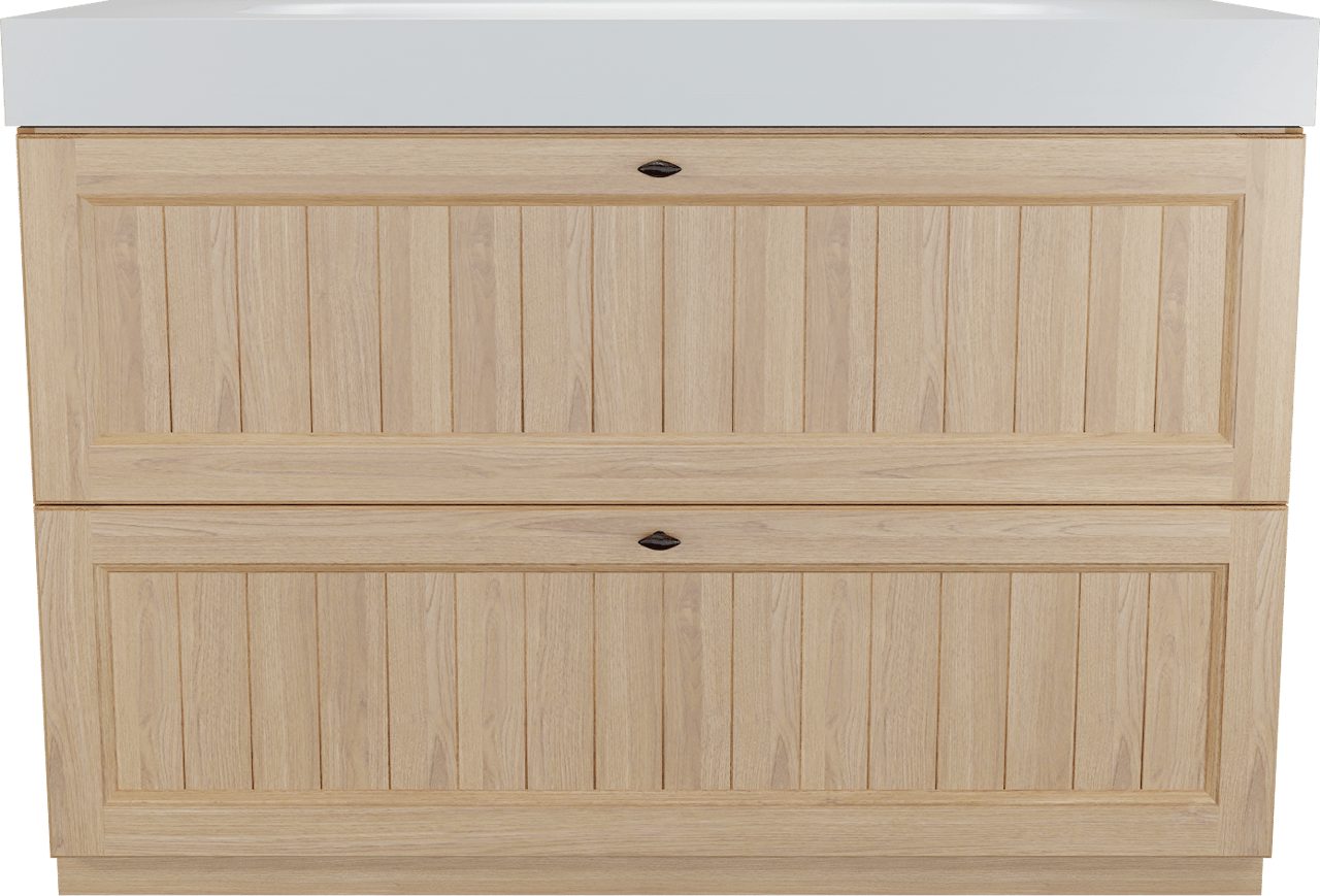 Balmani Lemon staand badkamermeubel 135 x 55 cm, fineer natuur eik met Arcato enkele wastafel voor 2 kraangaten in mat wit