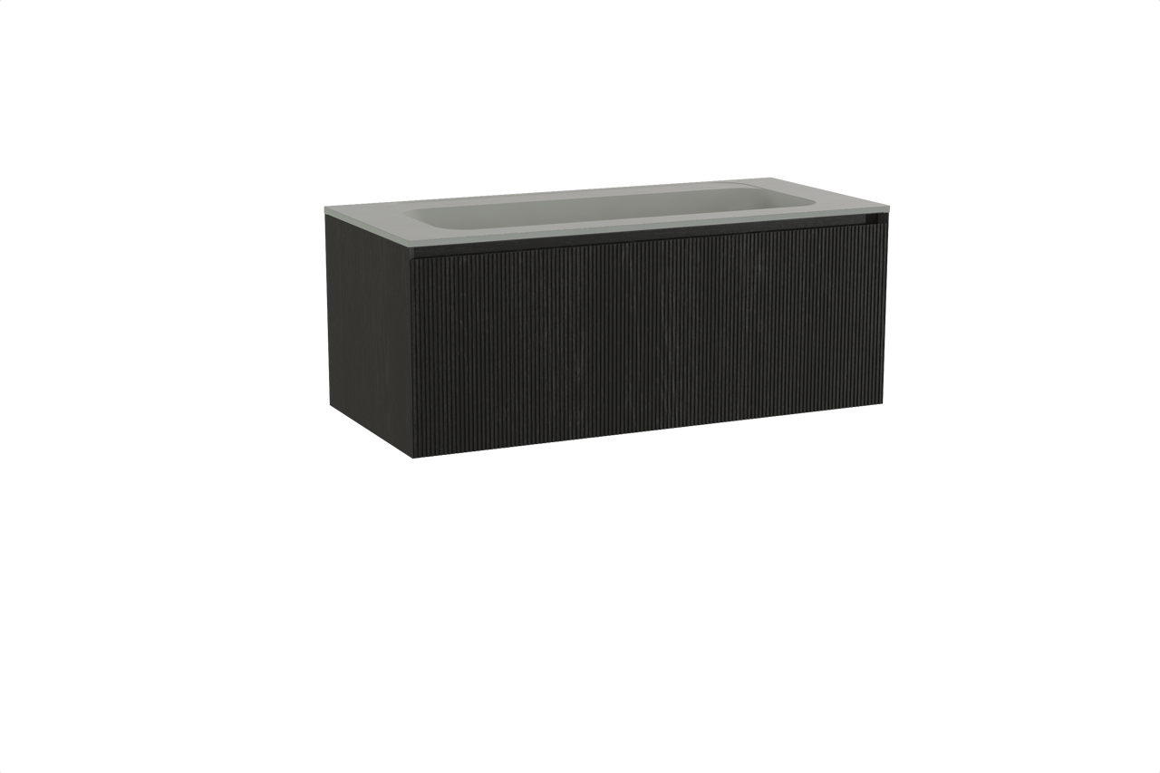 Balmani Fila meuble salle de bains suspendu 120 x 55 cm chêne noir avec Tablo Strada lavabo simple pour 2 trous de robinet en marbre composite soie grise, Nervure droite symétrique verticale
