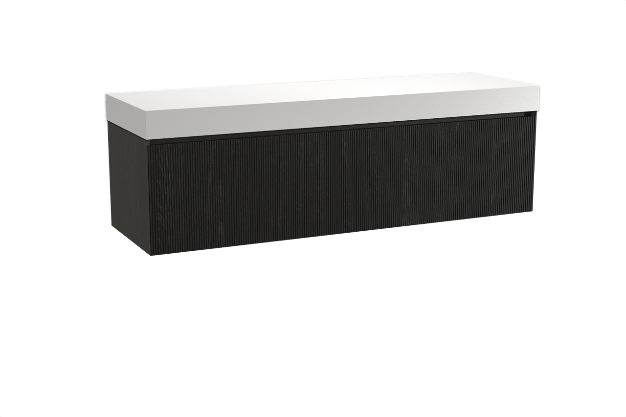 Balmani Fila meuble salle de bains suspendu 180 x 55 cm chêne noir avec Dominus tablette simple ou double en solid surface blanc mat, Nervure droite symétrique verticale