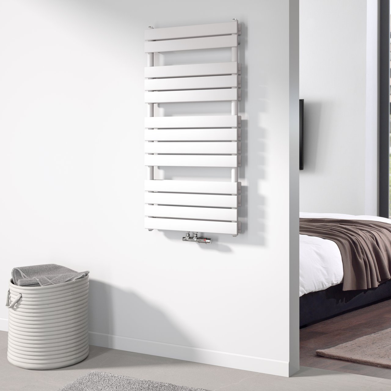 UNIQUEMENT POUR ALLEMAGNE - Vipera Vulcan sèche-serviettes double 60 x 123 cm chauffage électrique blanc brillant raccordements latéral et central possibles 1.256W, résistance incluse