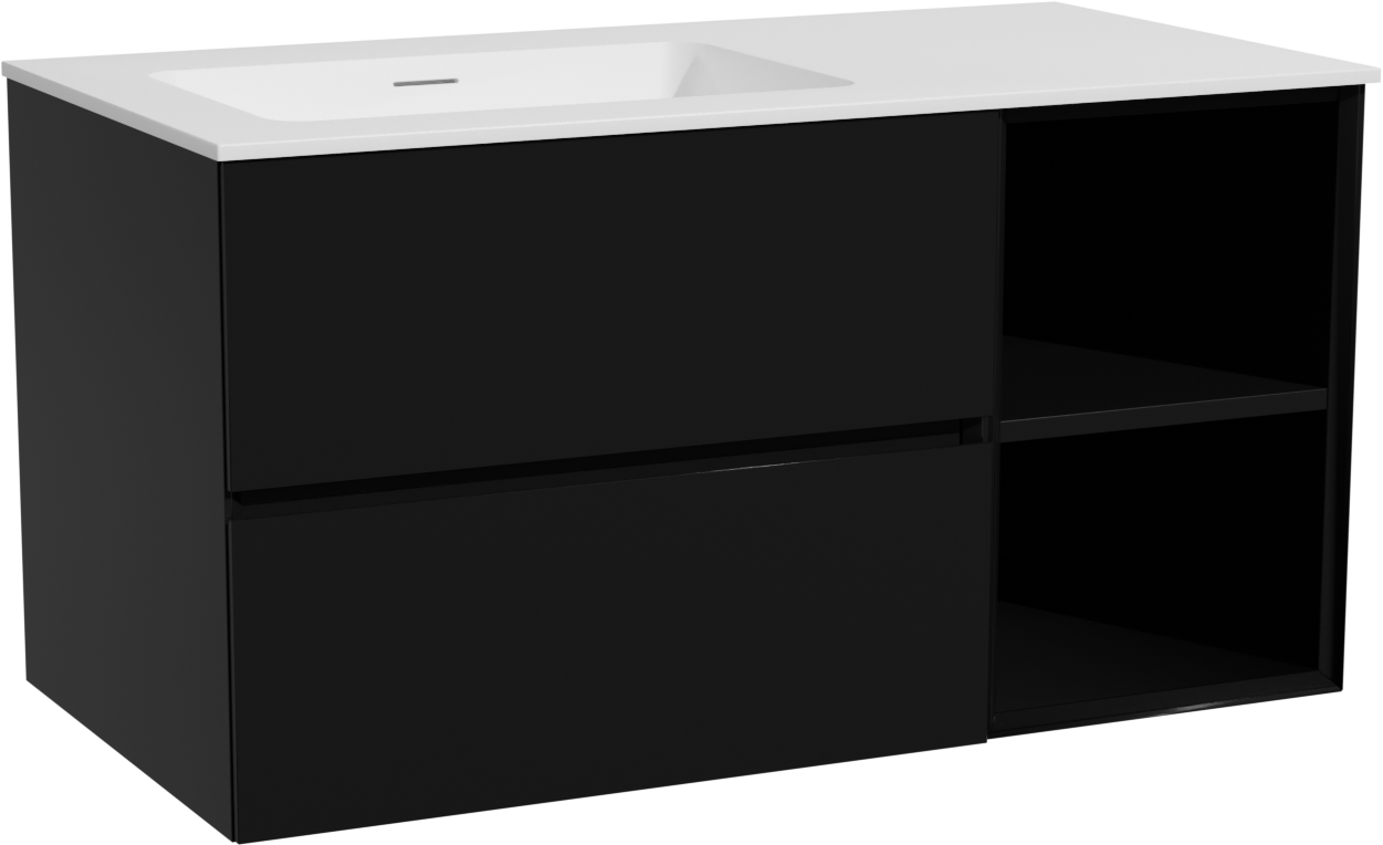 Storke Edge meuble salle de bains suspendu 100 x 52 cm noir mat avec Mata plan vasque asymétrique à gauche en solid surface blanc mat