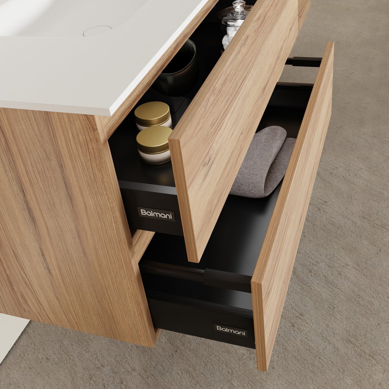 Balmani Lucida hängendes Möbelstück Set: 75 x 55 cm, Teak, mit Tablo Arcato Einzelwaschtisch, Solid Surface Weiß matt