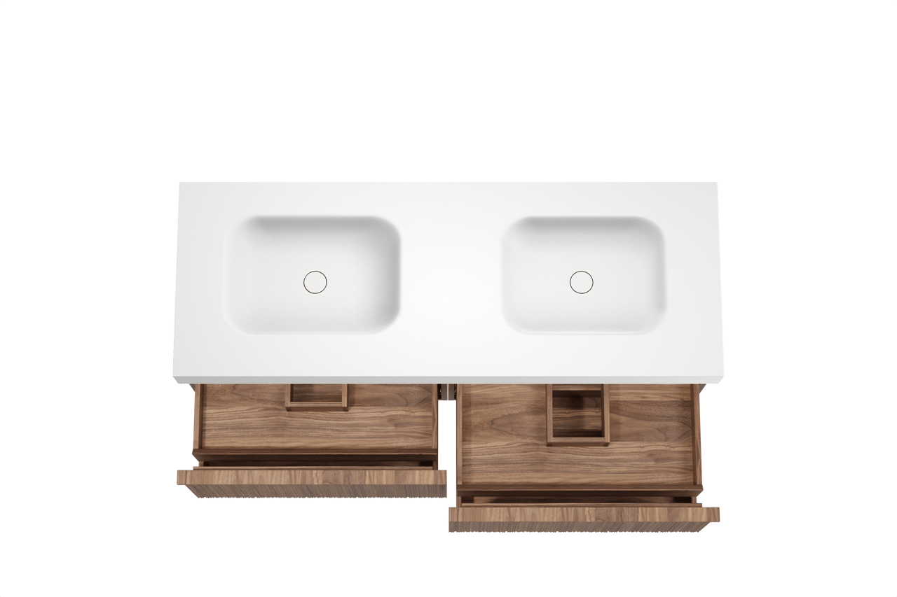 Balmani Forma zwevend badmeubel 150 x 55 cm amerikaans notenhout met Arcato dubbele wastafel in solid surface mat wit, Verticale asymmetrische ronde ribbel