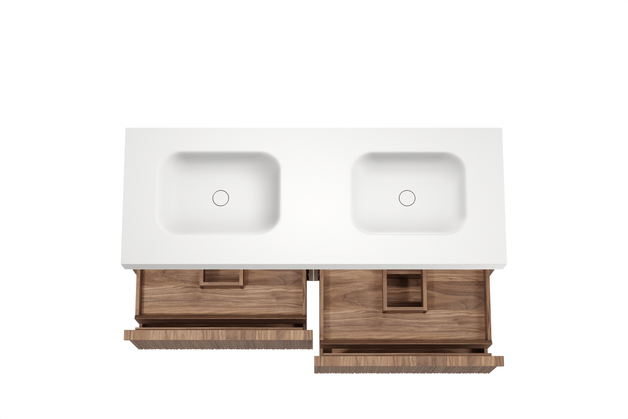 Balmani Forma zwevend badkamermeubel 150 x 55 cm amerikaanse notelaar met Arcato dubbele wastafel in solid surface mat wit, Verticale asymmetrische ronde ribbel