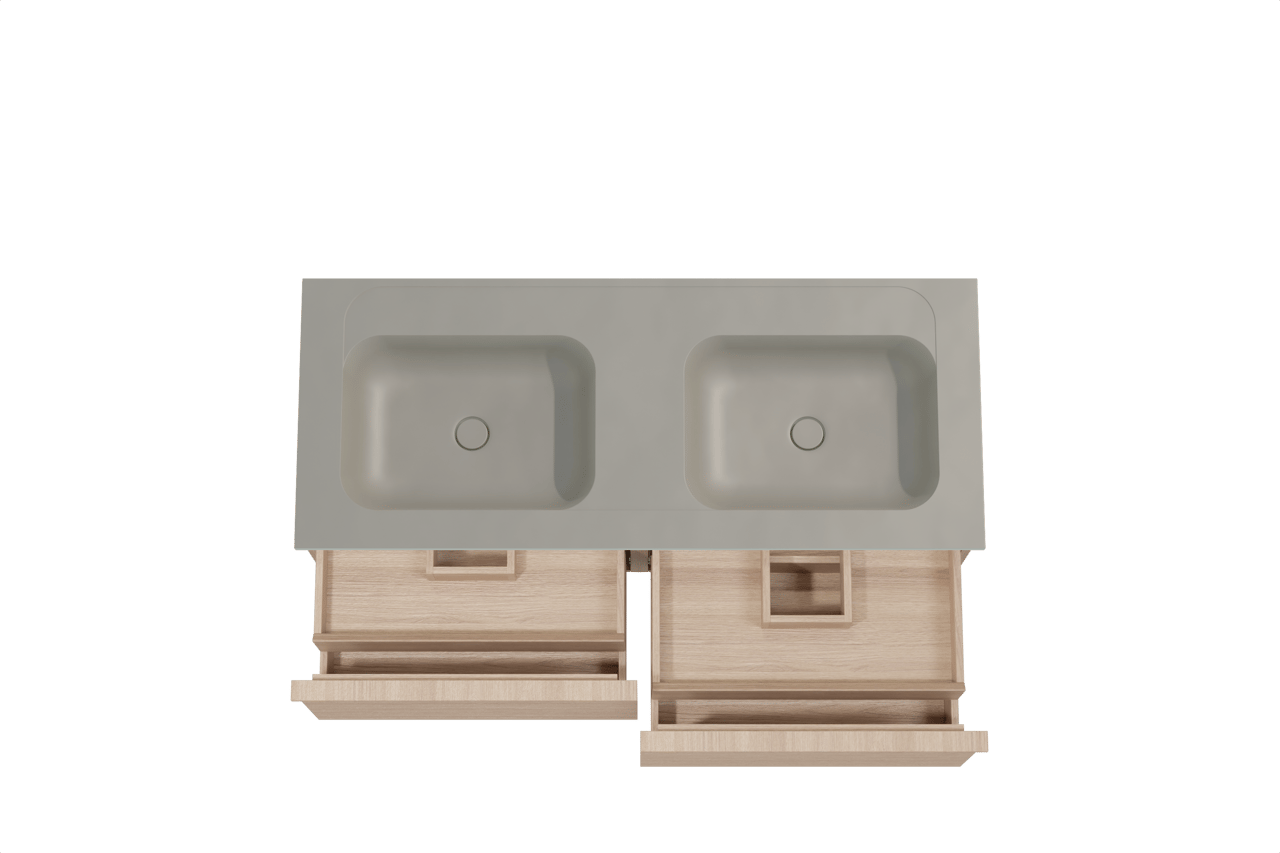 Balmani Forma meuble salle de bains suspendu 135 x 55 cm chêne naturel avec Tablo Strada double vasque en marbre composite soie grise, Nervure droite symétrique horizontale