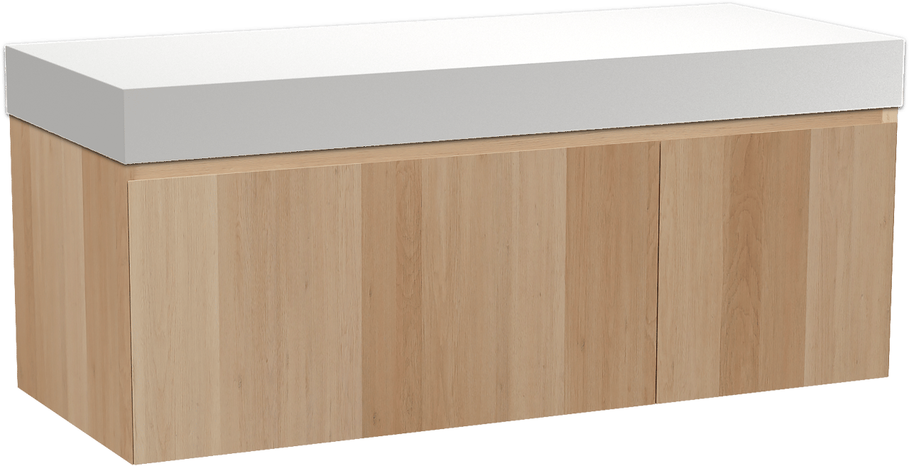 Balmani Idra meuble salle de bains suspendu 135 x 55 cm chêne naturel avec Dominus tablette simple ou double en solid surface blanc mat