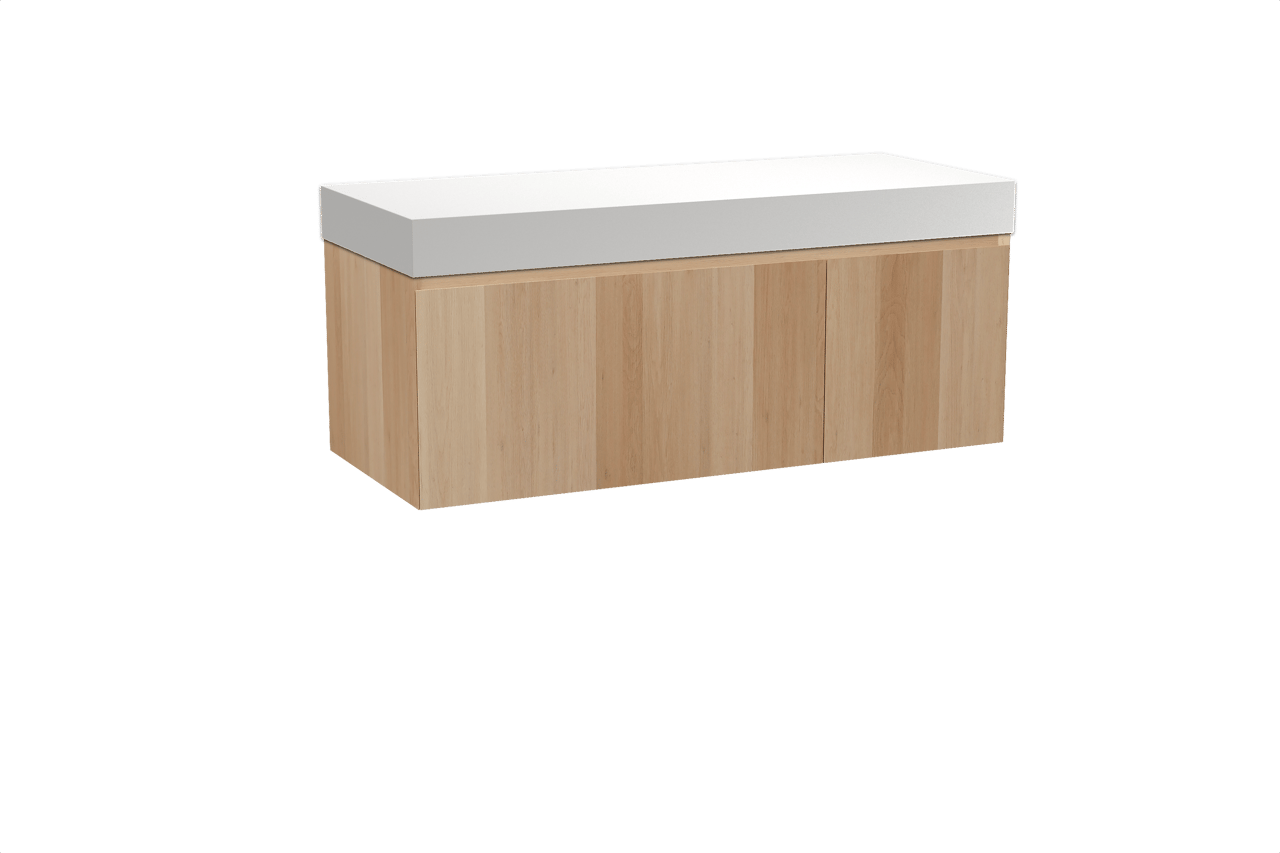 Balmani Idra meuble salle de bains suspendu 135 x 55 cm chêne naturel avec Dominus tablette simple ou double en solid surface blanc mat