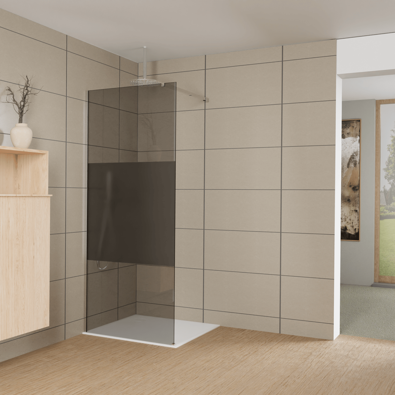 Balmani Modular Walk-In Dusche: 90 x 200 cm, Rauchglas mit mattiertem Streifen, Profil Chrom glänzend