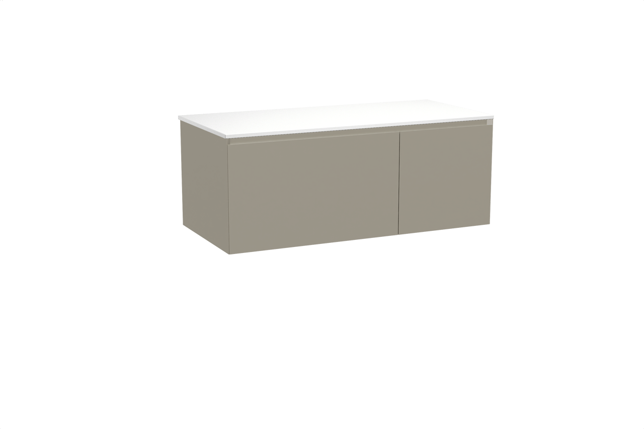 Balmani Idra zwevend badmeubel 120 x 55 cm steengrijs met Stretto enkel of dubbel wastafelblad in solid surface mat wit