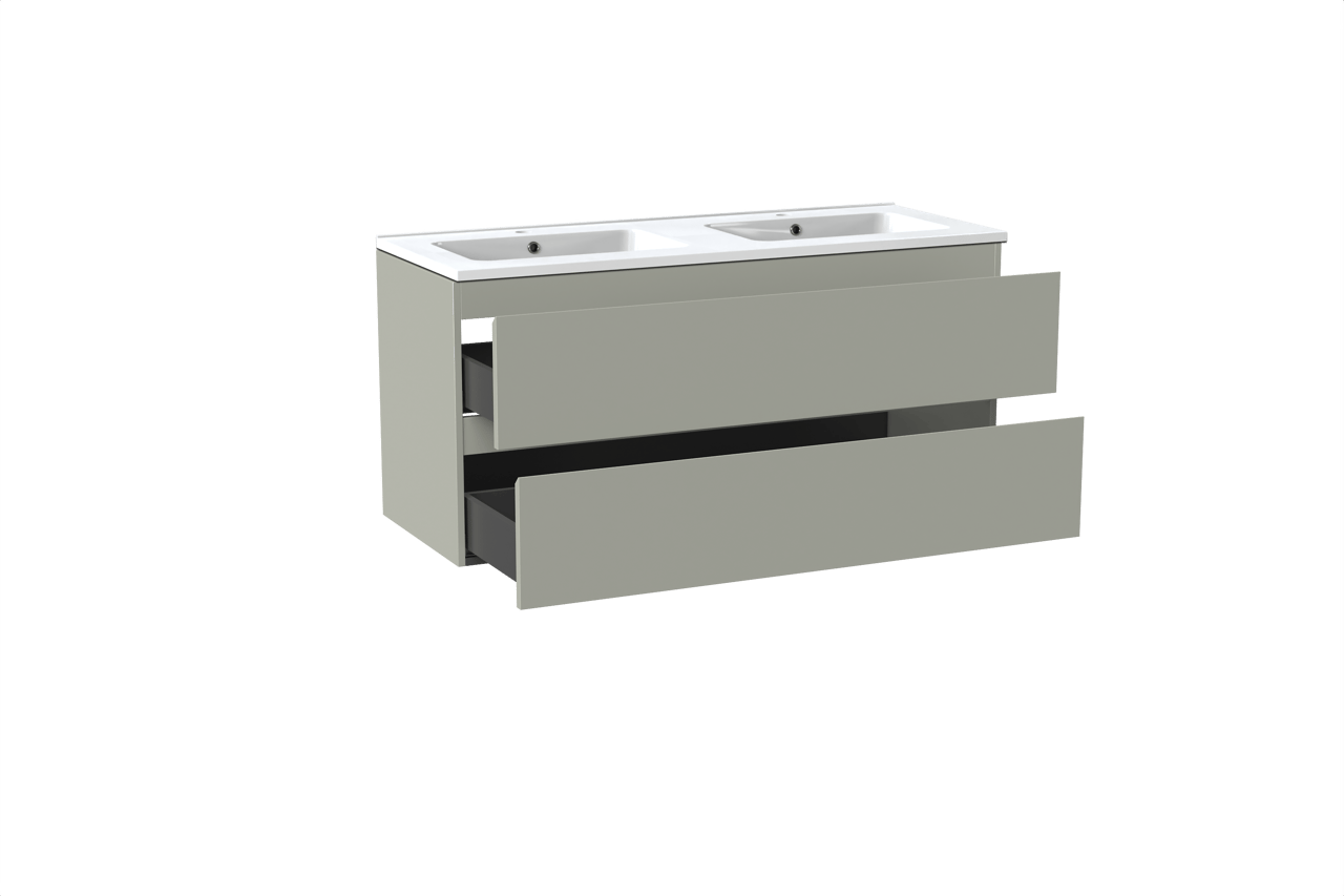 Linie Lado hängendes Möbelstück Set: 120 x 46 cm, Greige, mit Vano Doppelwaschtisch, Marmorkomposit Weiß glänzend