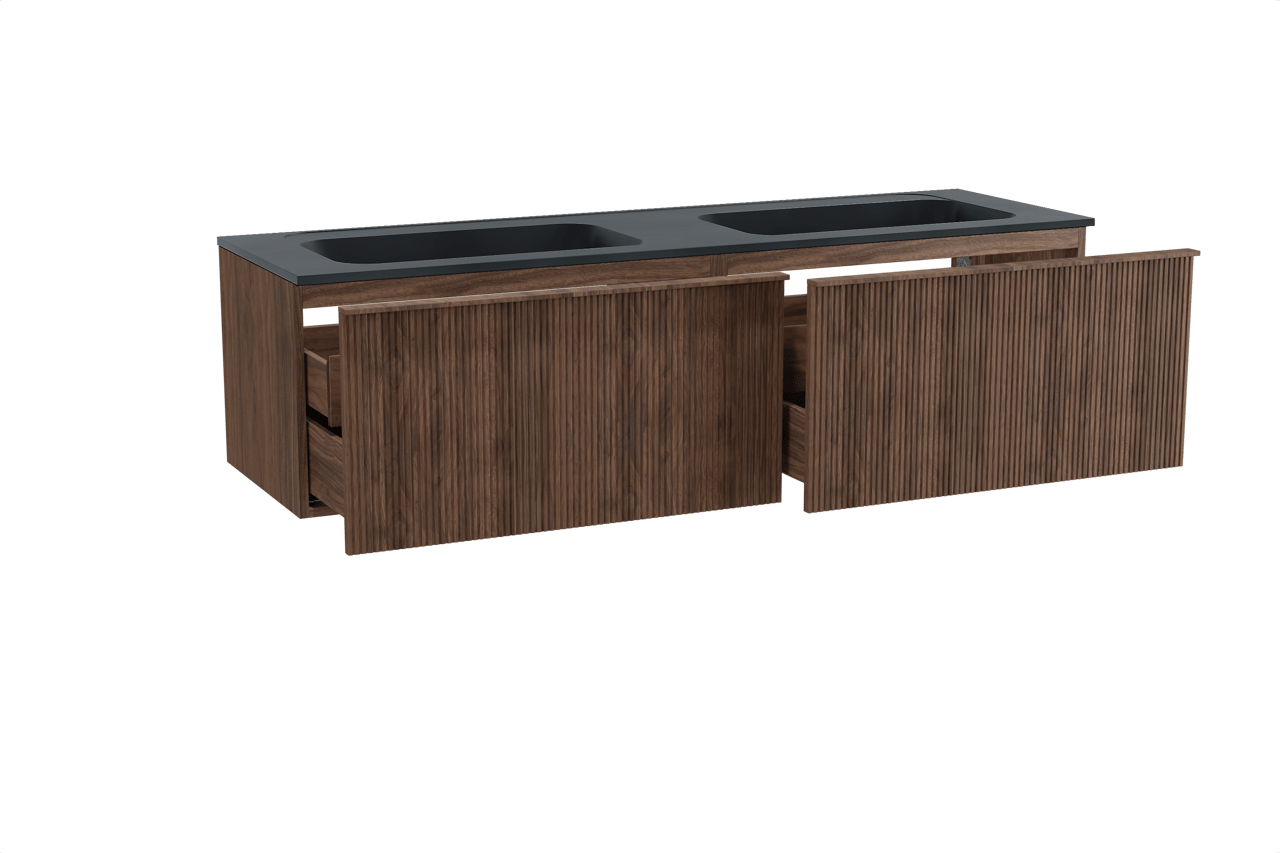 Balmani Forma meuble salle de bains suspendu 180 x 55 cm noyer américain avec Tablo Strada double vasque en marbre composite noir mat, Nervure droite symétrique verticale