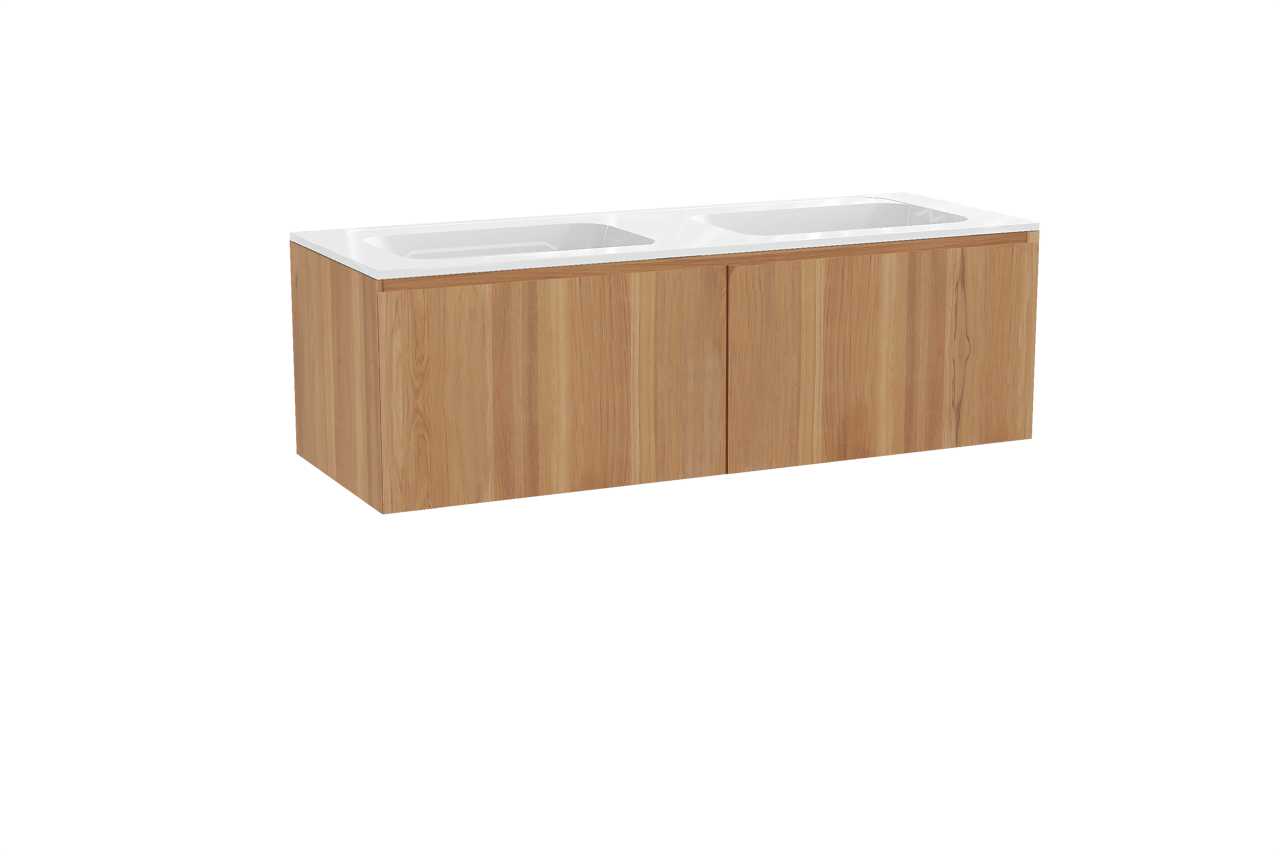 Balmani Idra zwevend badkamermeubel 150 x 55 cm teak met Tablo Strada dubbele wastafel in composietmarmer glanzend wit