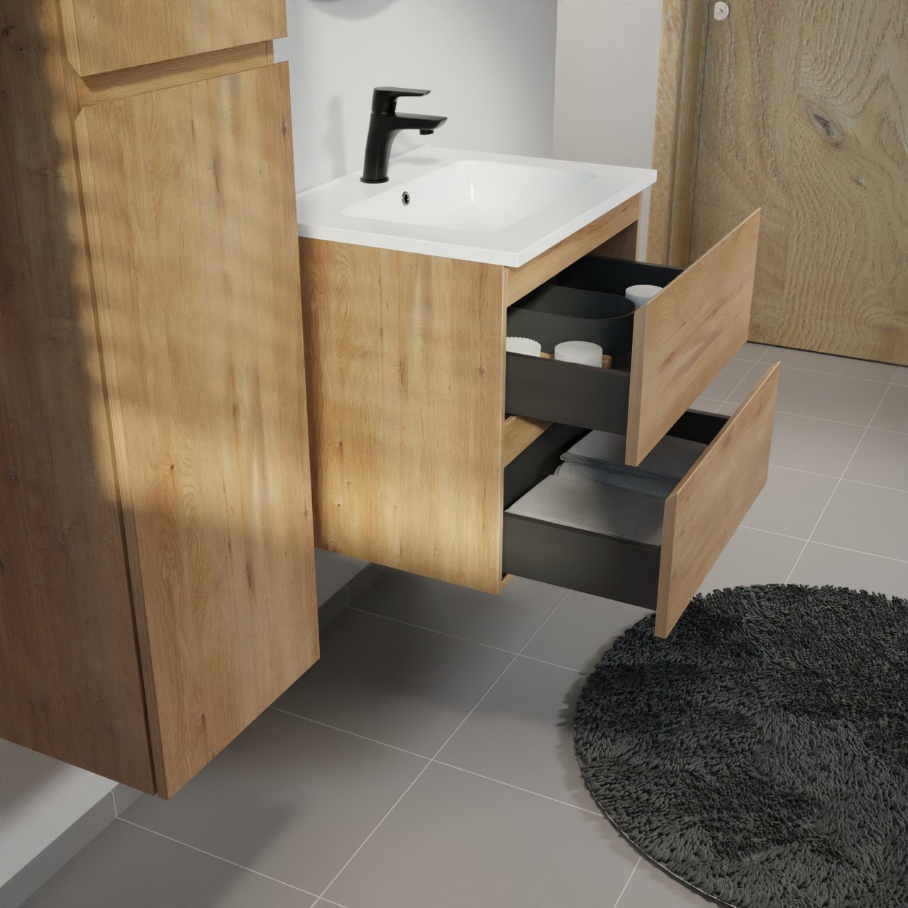 Linie Lado zwevend badkamermeubel 60 x 46 cm natuur eik met Vano enkele wastafel in composietmarmer mat wit