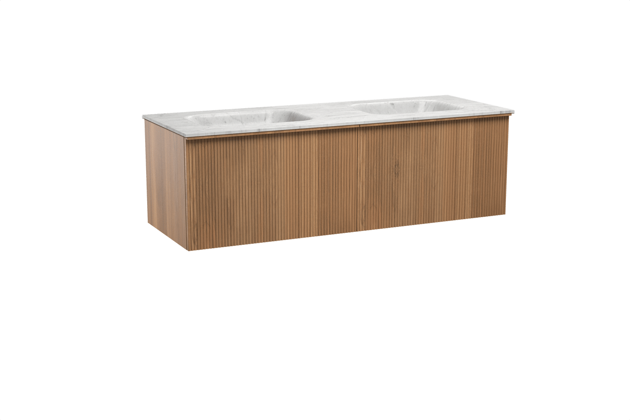 Balmani Forma meuble salle de bains suspendu 150 x 55 cm teck avec Tablo Arcato double vasque en marbre carrara, Nervure droite symétrique verticale