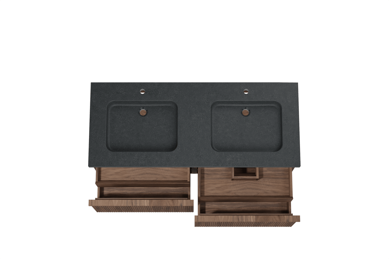 Balmani Forma hängendes Möbelstück Set: 135 x 55 cm, Amerikanischer Nussbaum, mit Napoli Doppelwaschtisch, Granit, Schwarzes Granit, Vertikale symmetrische gerade Rippe