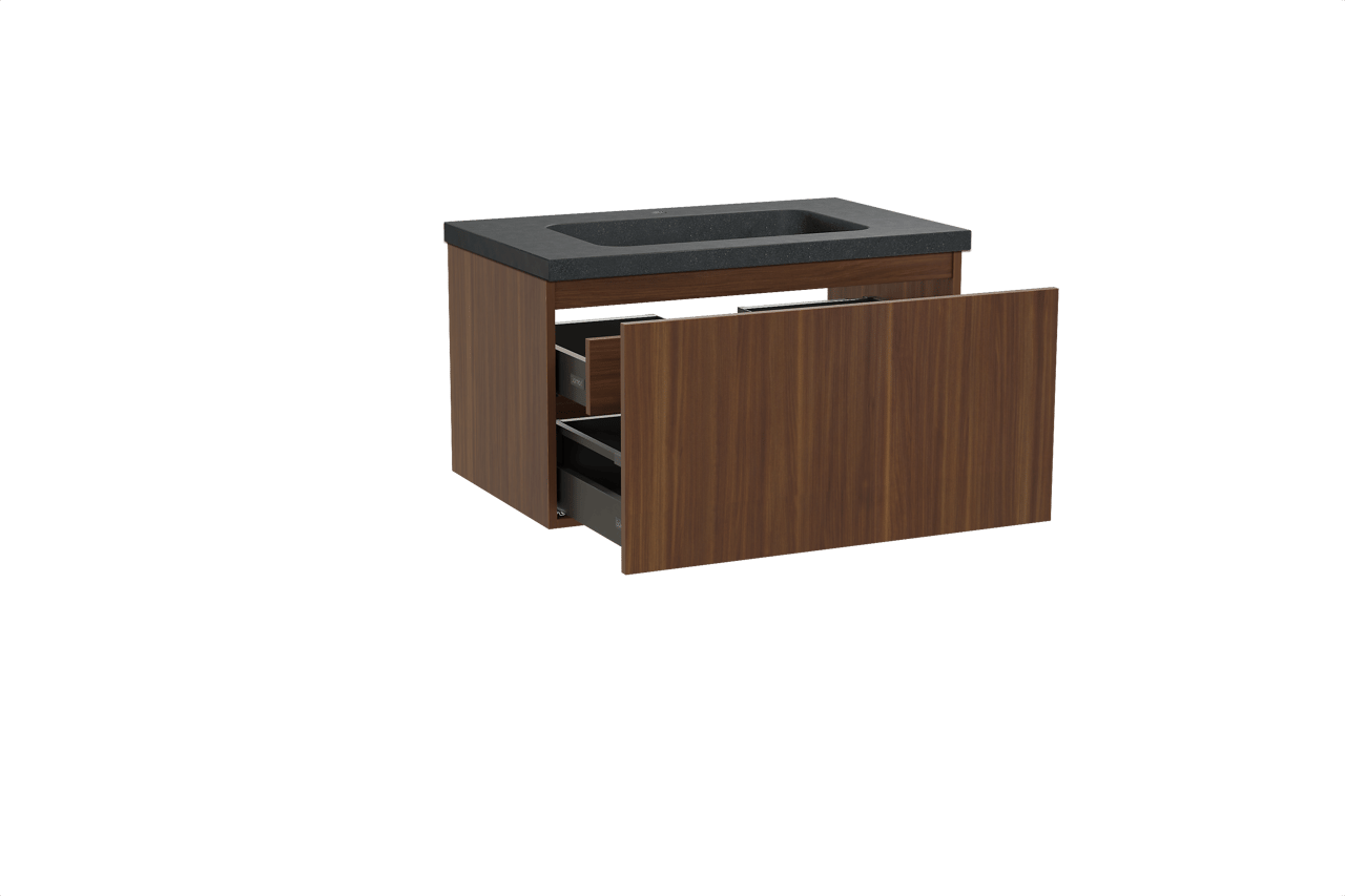 Balmani Sfera hängendes Möbelstück Set: 90 x 55 cm, Amerikanischer Nussbaum, mit Napoli Einzelwaschtisch, Schwarzes Granit