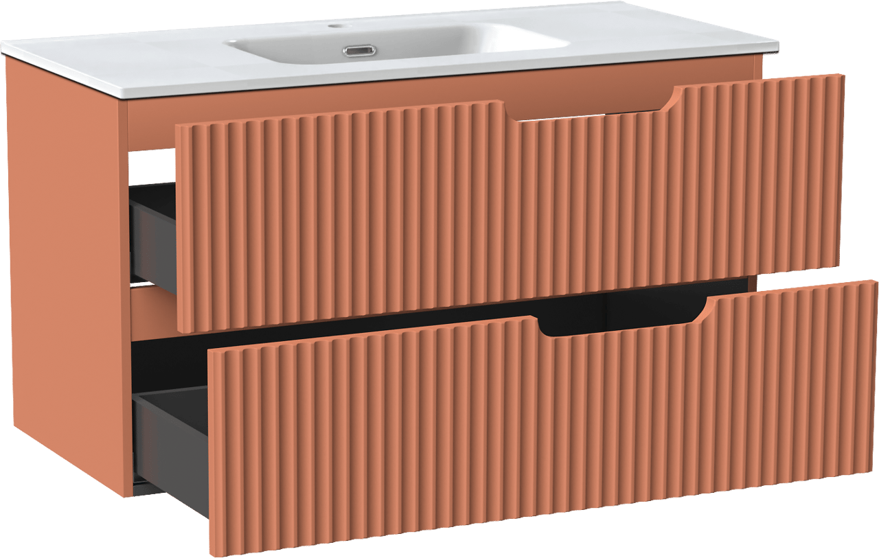 Linie Ribbo zwevend badmeubel 100 x 46 cm cotto met Baro enkele wastafel in porselein hoogglans wit, Verticale symmetrische ronde ribbel