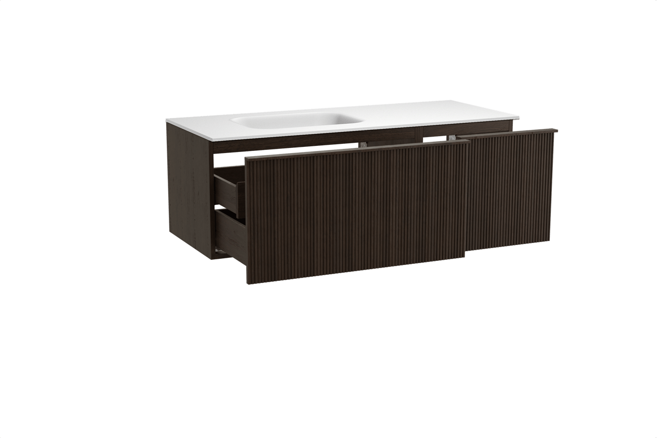 Balmani Forma hängendes Möbelstück Set: 135 x 55 cm, Geräucherte Eiche, mit Tablo Arcato Waschtisch links, Solid Surface, Weiß matt, Vertikale symmetrische gerade Rippe