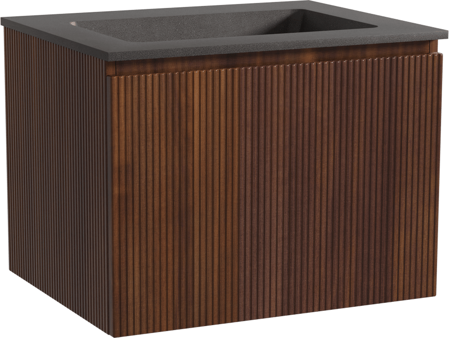 Storke Ribs zwevend badkamermeubel 65 x 52 cm notelaar met Scuro enkele wastafel in kwarts mat zwart, Verticale symmetrische rechte ribbel