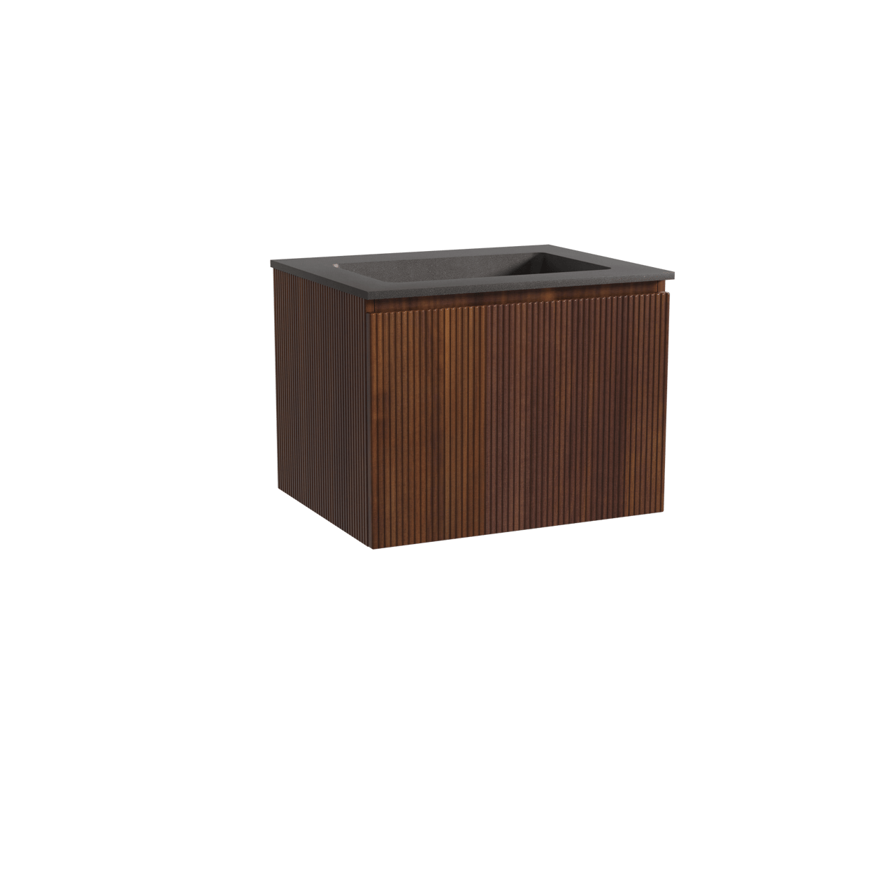 Storke Ribs hängendes Möbelstück Set: 65 x 52 cm, Nussbaum, mit Scuro Einzelwaschtisch, Quarz, Schwarz matt, Vertikale symmetrische gerade Rippe