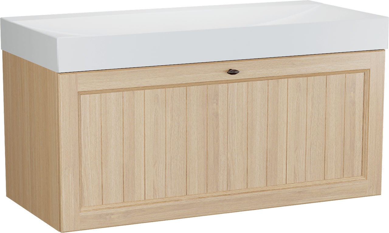 Balmani Lemon zwevend badmeubel 120 x 55 cm, fineer naturel eiken met Wave enkele wastafel voor 2 kraangaten in mat wit