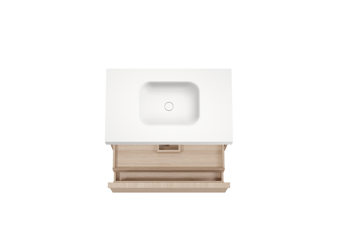 Balmani Forma zwevend badkamermeubel 90 x 55 cm natuur eik met Arcato enkele wastafel in solid surface mat wit, Horizontale symmetrische rechte ribbel