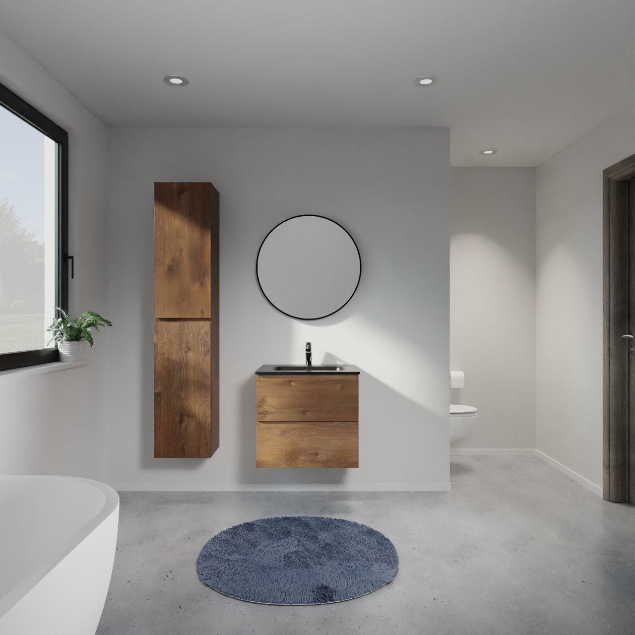 Linie Lado zwevend badkamermeubel 60 x 46 cm bruine eik met Baro enkele wastafel in porselein mat zwart