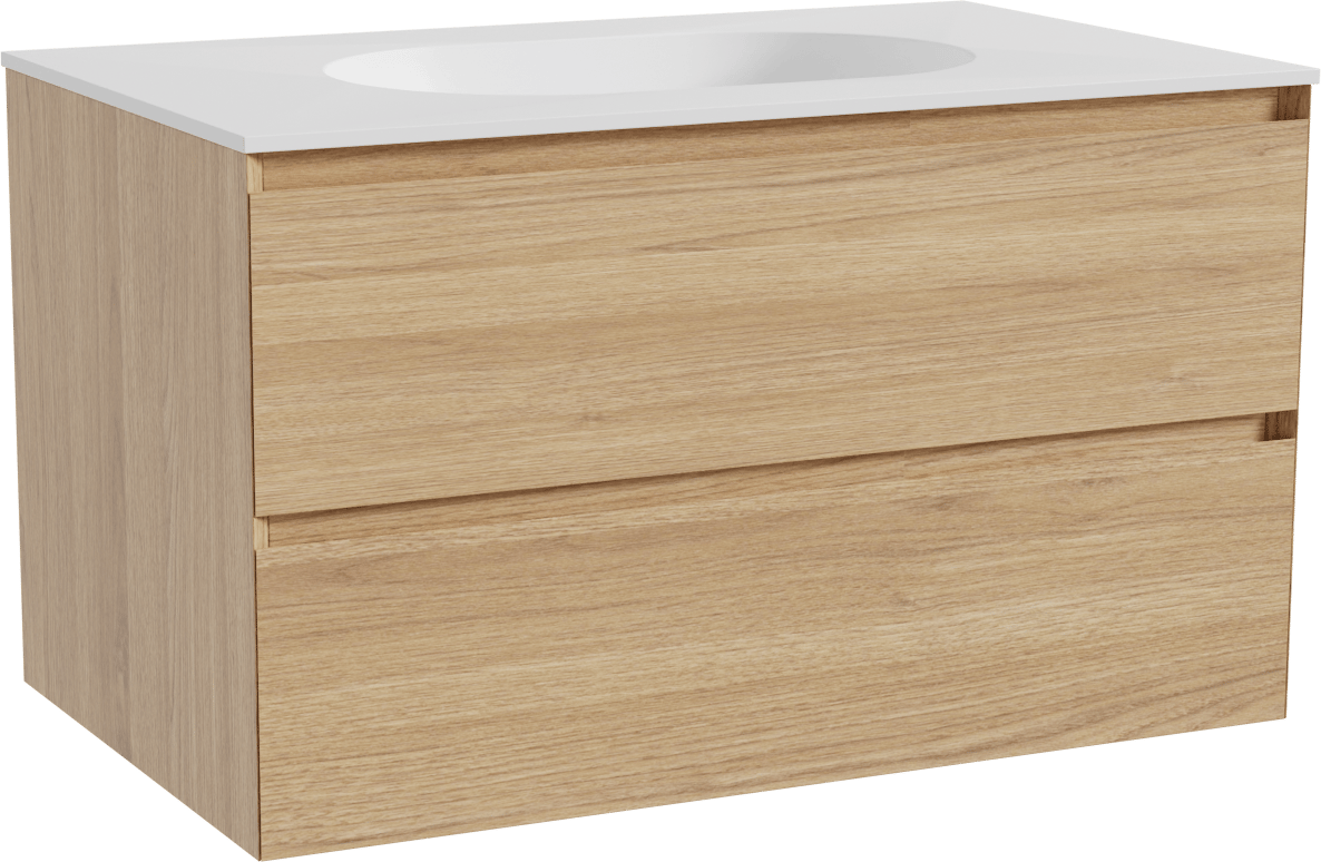 Balmani Mitra zwevend badmeubel 90 x 55 cm naturel eiken met Tablo Oval enkele wastafel in solid surface mat wit