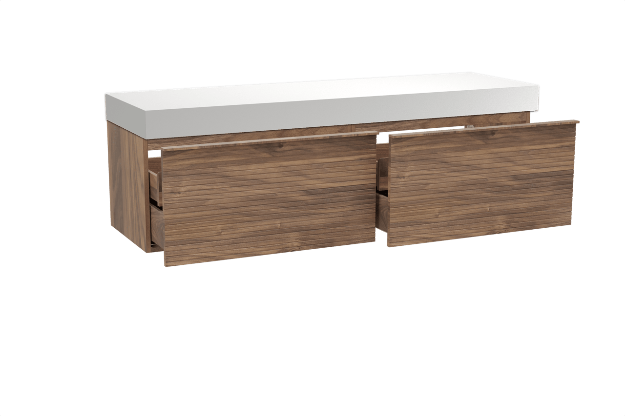 Balmani Forma meuble salle de bains suspendu 180 x 55 cm noyer américain avec Dominus tablette simple ou double en solid surface blanc mat, Nervure droite symétrique horizontale