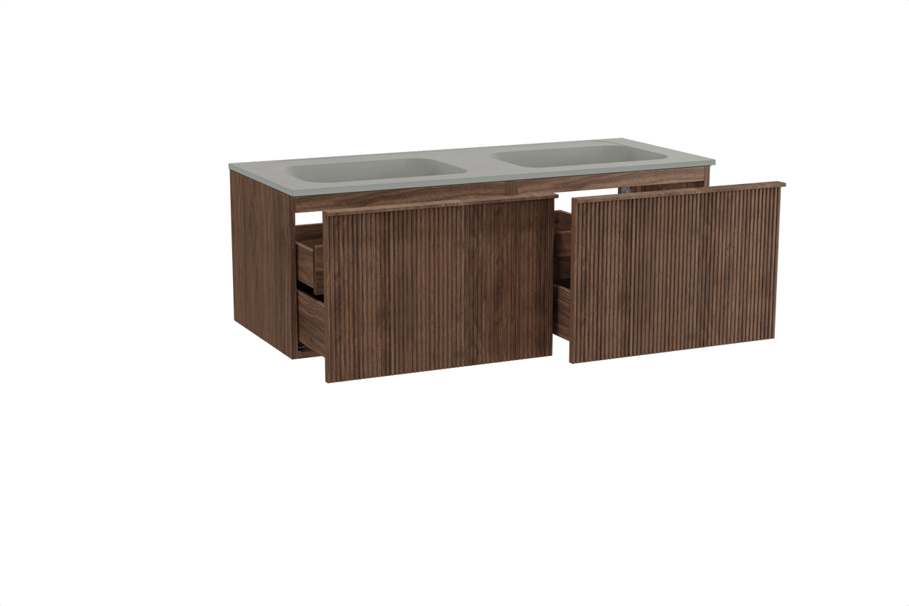 Balmani Forma zwevend badkamermeubel 135 x 55 cm amerikaanse notelaar met Tablo Strada dubbele wastafel in composietmarmer zijdegrijs, Verticale symmetrische rechte ribbel