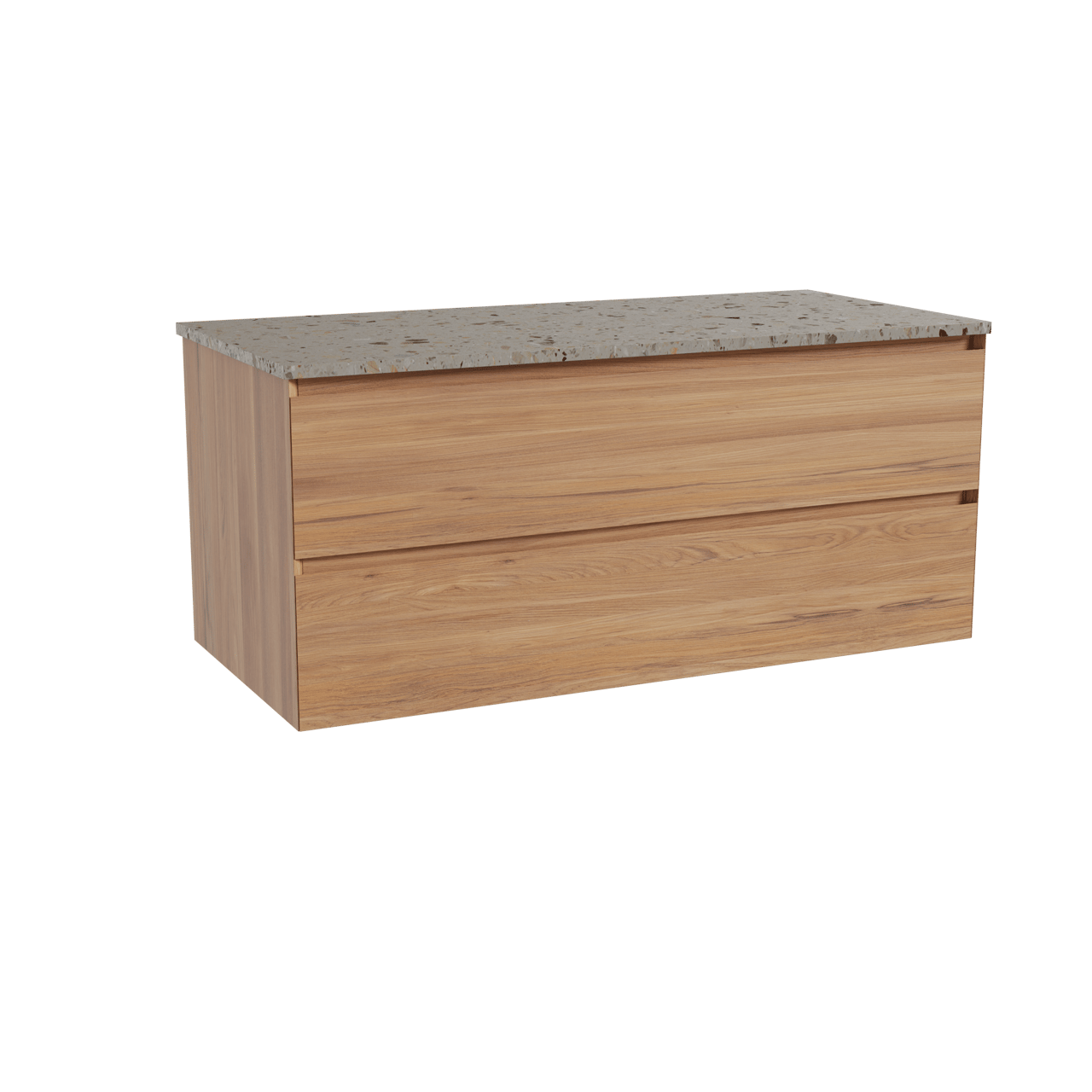 Balmani Mitra hängendes Möbelstück Set: 120 x 55 cm, Teak, mit Stretto Einzel- oder Doppel Waschtischplatte, Terrazzo in Greige