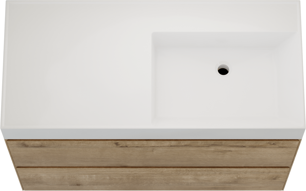 Balmani Mitra Compact zwevend badkamermeubel 100 x 46 cm ruwe eik met Argila asymmetrisch rechtse wastafel in composietmarmer glanzend wit