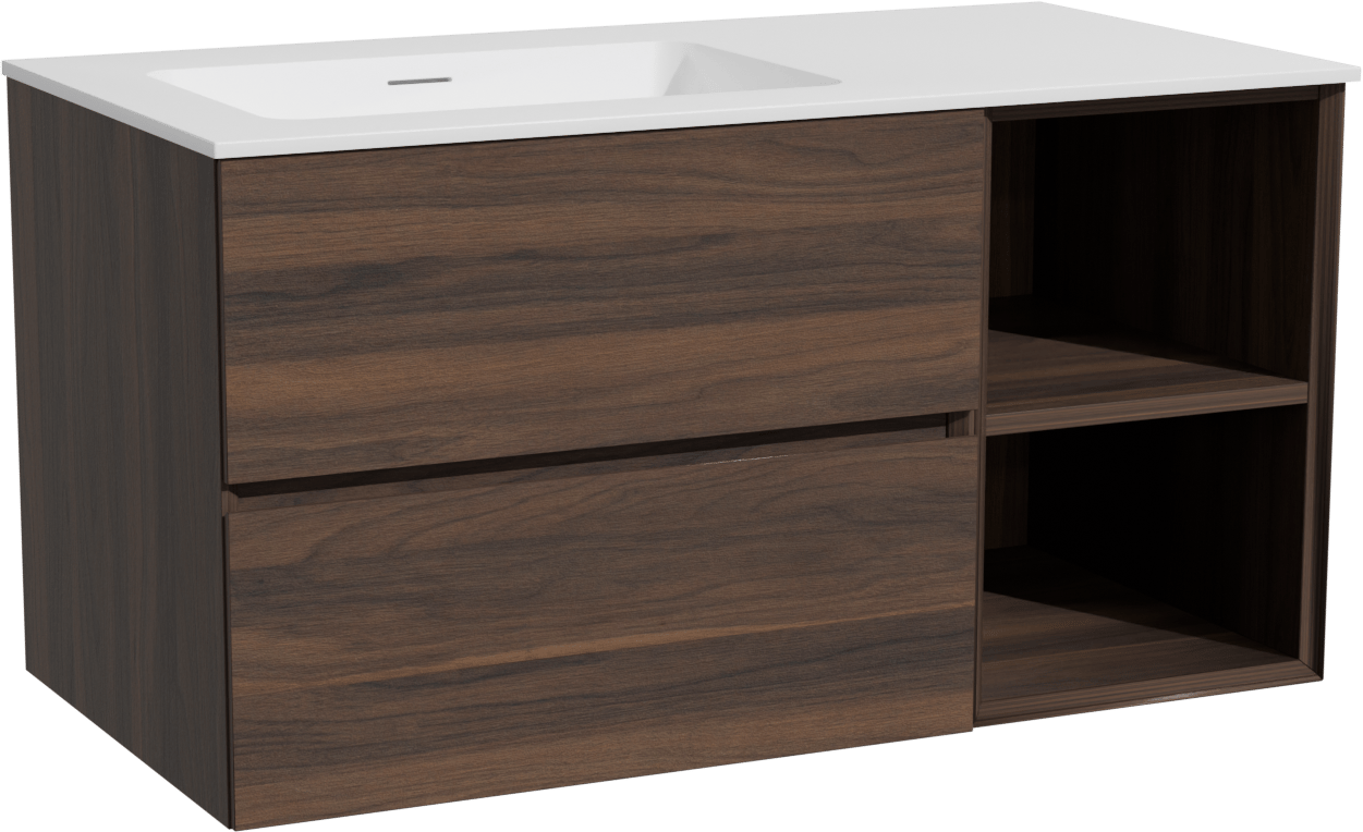 Storke Edge hängendes Möbelstück Set: 100 x 52 cm, Nussbaum, mit Mata Waschtisch links, Solid Surface Weiß matt