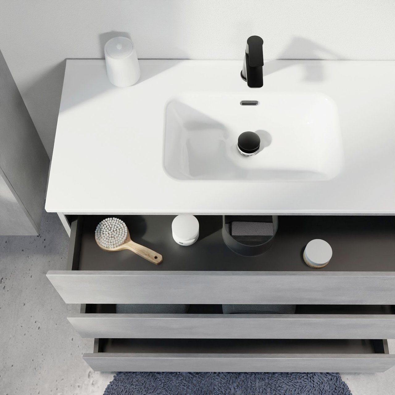 Linie Lado meuble salle de bains à poser 100 x 46 cm béton gris foncé avec Baro plan simple en porcelaine blanc brillant