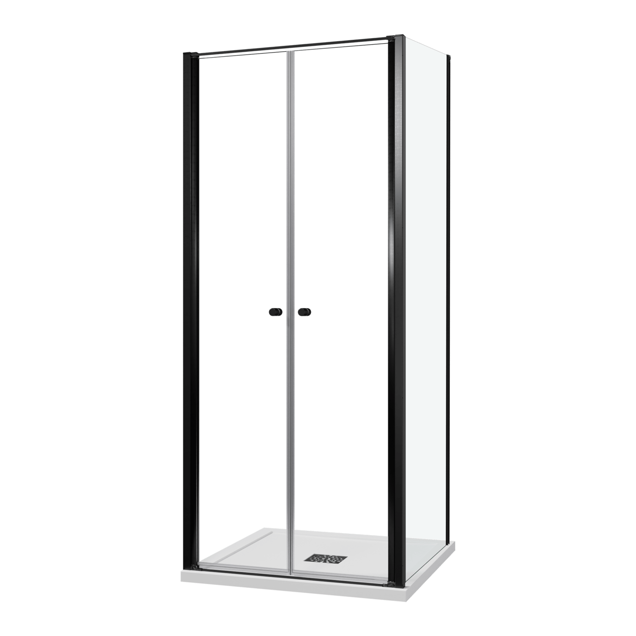 Luca Varess Kuresa Eckdusche: Pendeltür, fixierte Seitenwand, 90 x 90 x 200 cm, Klarglas, Profil Schwarz