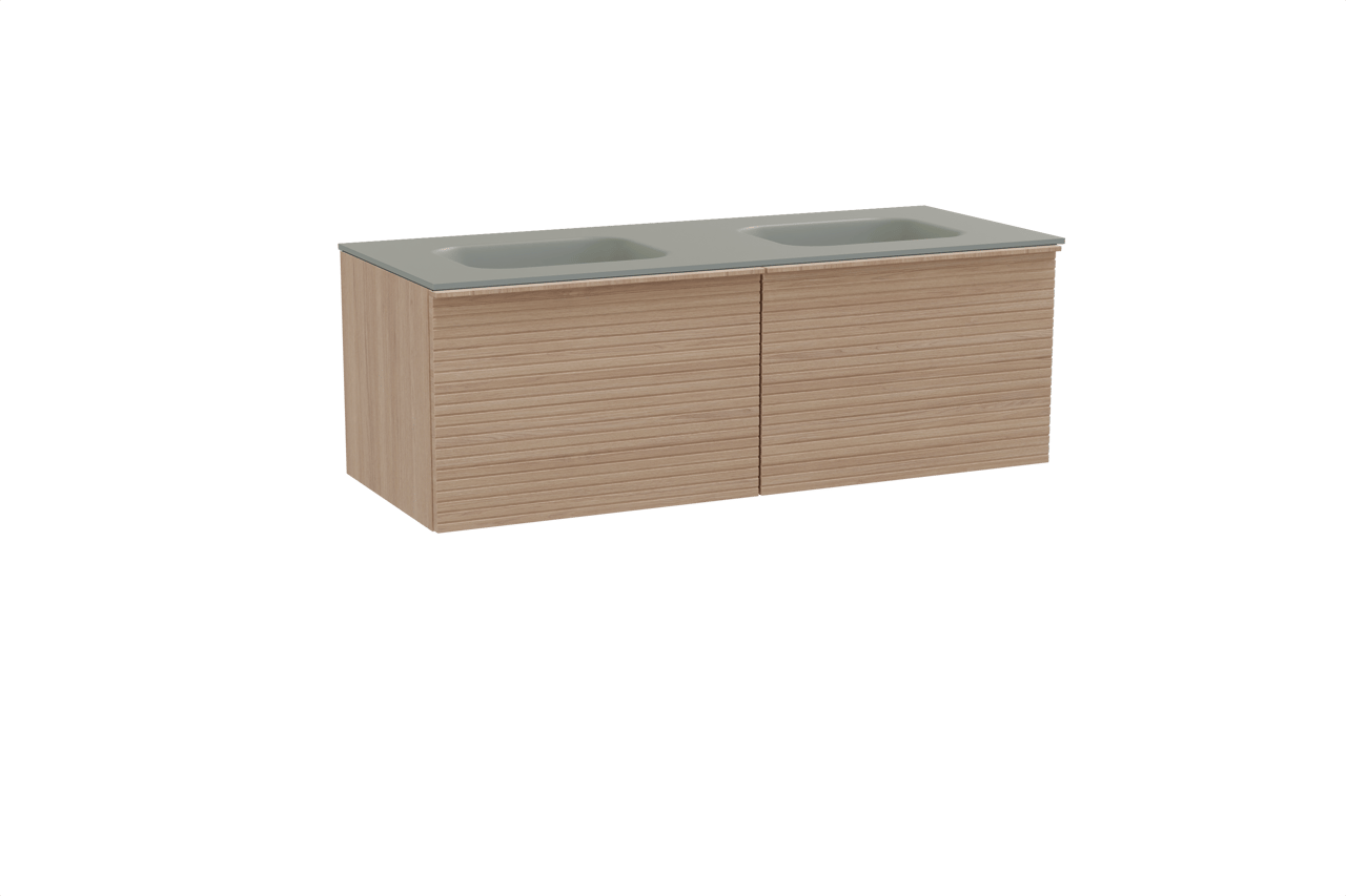 Balmani Forma zwevend badkamermeubel 135 x 55 cm natuur eik met Tablo Arcato dubbele wastafel in solid surface steengrijs, Horizontale symmetrische rechte ribbel