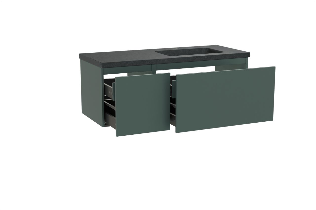 Balmani Sfera meuble salle de bains suspendu 135 x 55 cm forest avec Napoli vasque asymétrique droite en granit noir