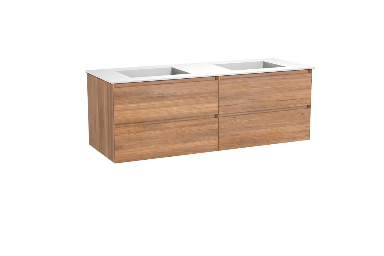 Balmani Mitra hängendes Möbelstück Set: 150 x 55 cm, Teak, mit Tablo Stretto Doppelwaschtisch, Solid Surface Weiß matt