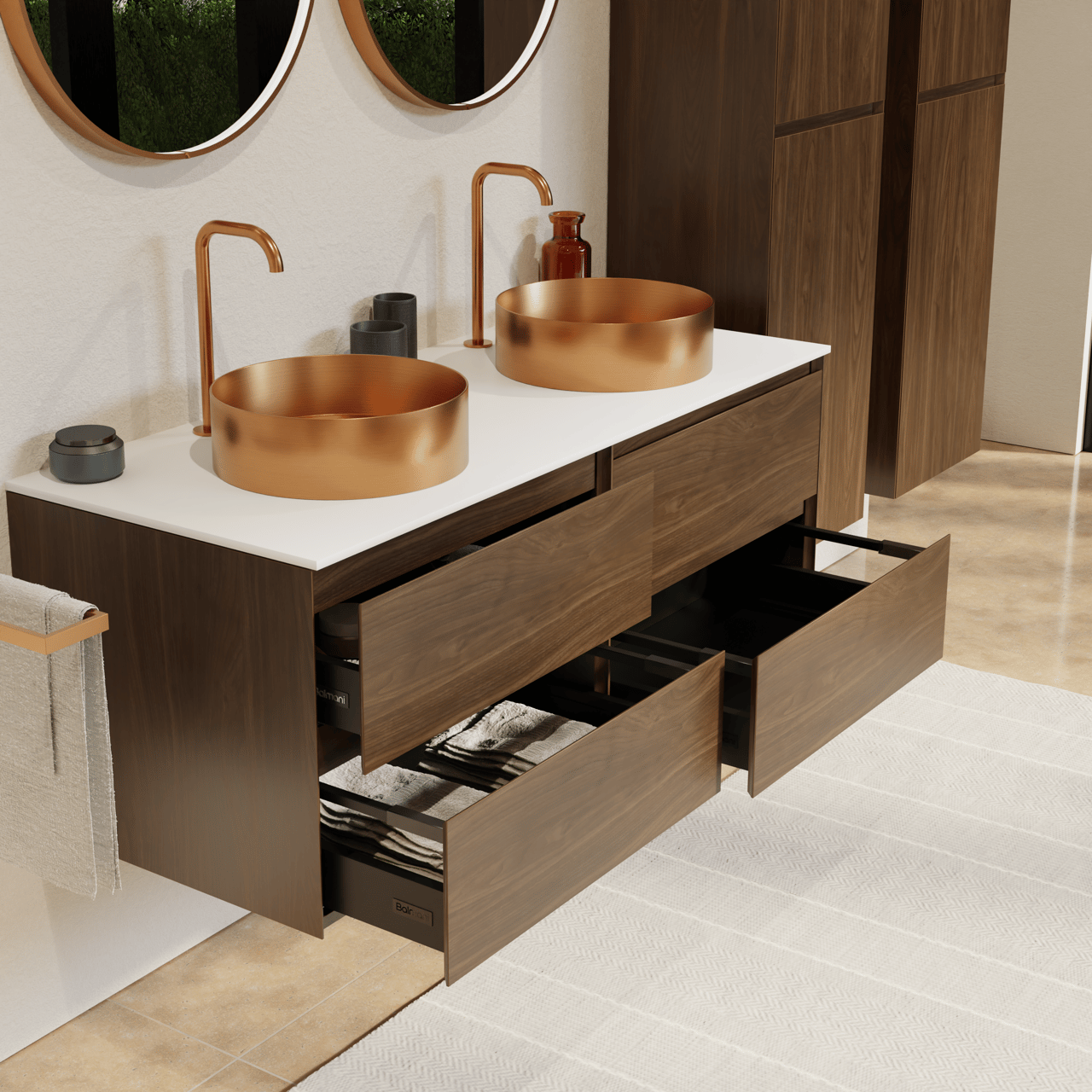 Balmani Mitra meuble salle de bains suspendu 135 x 55 cm noyer américain avec Stretto tablette simple ou double en solid surface blanc mat