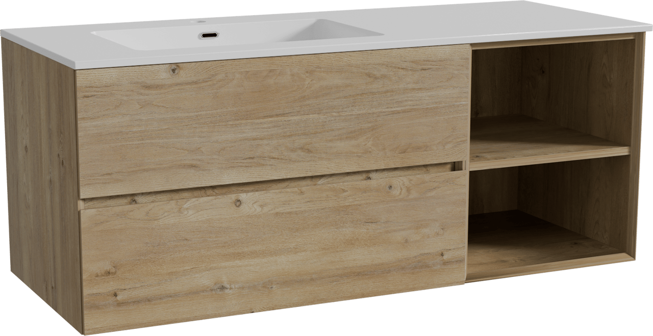 Storke Edge zwevend badmeubel 130 x 52 cm ruw eiken met Diva asymmetrisch linkse wastafel in composietmarmer hoogglans wit