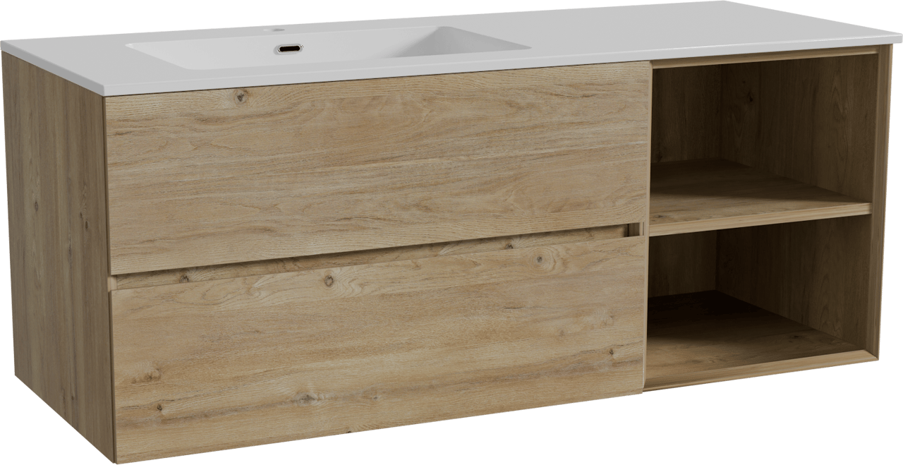 Storke Edge zwevend badmeubel 130 x 52 cm ruw eiken met Diva asymmetrisch linkse wastafel in composietmarmer hoogglans wit