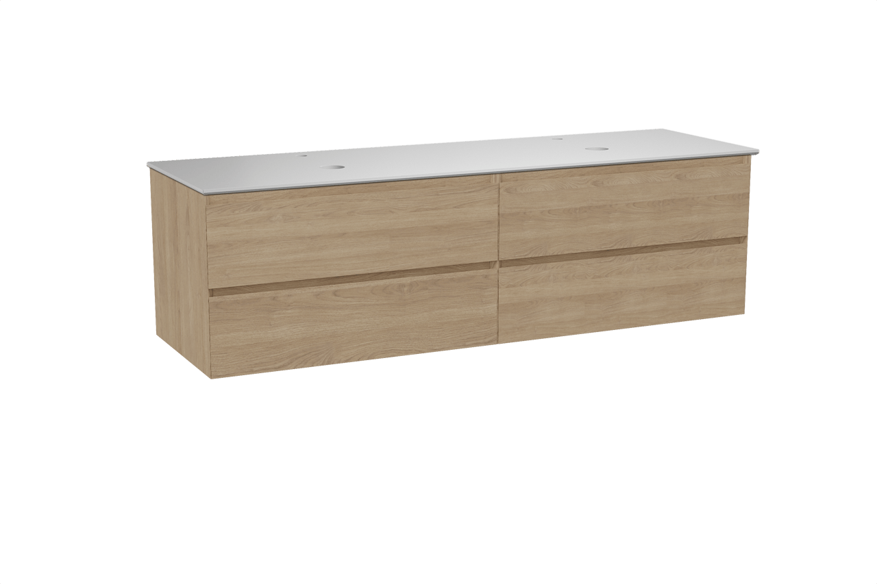 Balmani Mitra hängendes Möbelstück Set: 180 x 55 cm, Naturbelassene Eiche, mit Facetta Doppel Waschtischplatte, Solid Surface Weiß matt