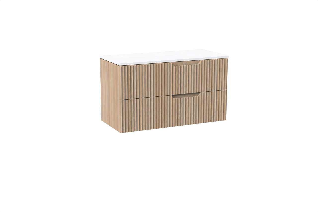 Linie Ribbo hängendes Möbelstück Set: 100 x 46 cm, Helle Eiche, mit Lado Einzel- oder Doppel Waschtischplatte, Marmorkomposit, Weiß matt, Vertikale symmetrische runde Rippe