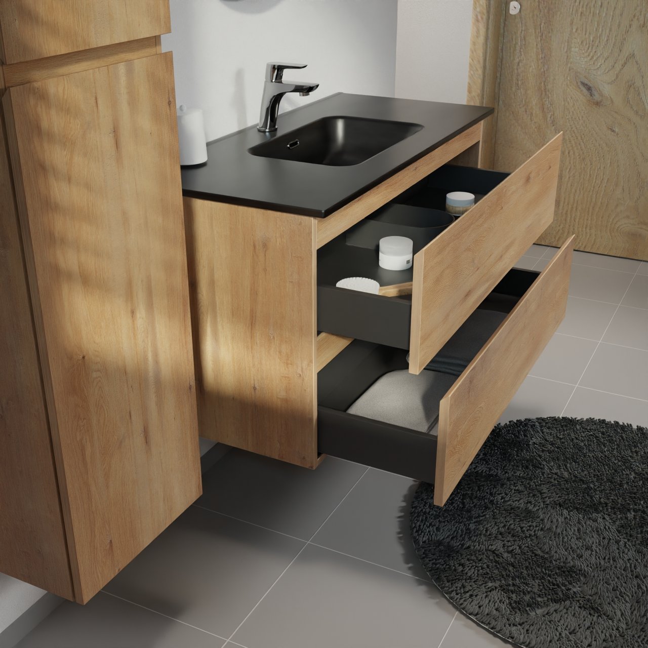 Linie Lado zwevend badmeubel 100 x 46 cm naturel eiken met Baro enkele wastafel in porselein mat zwart