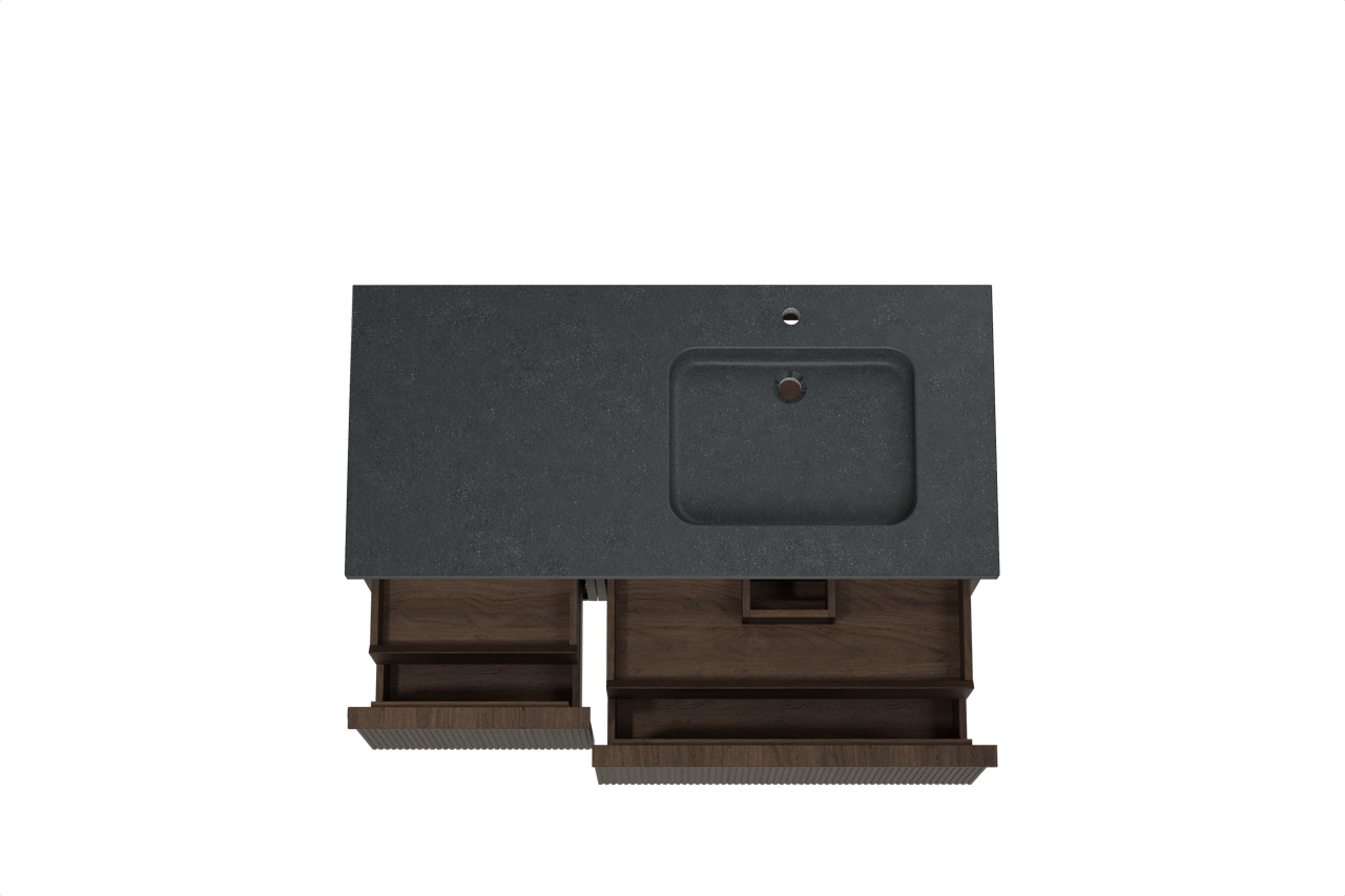 Balmani Forma meuble salle de bains suspendu 120 x 55 cm chêne fumé avec Napoli vasque asymétrique droite en granit noir, Nervure droite symétrique verticale