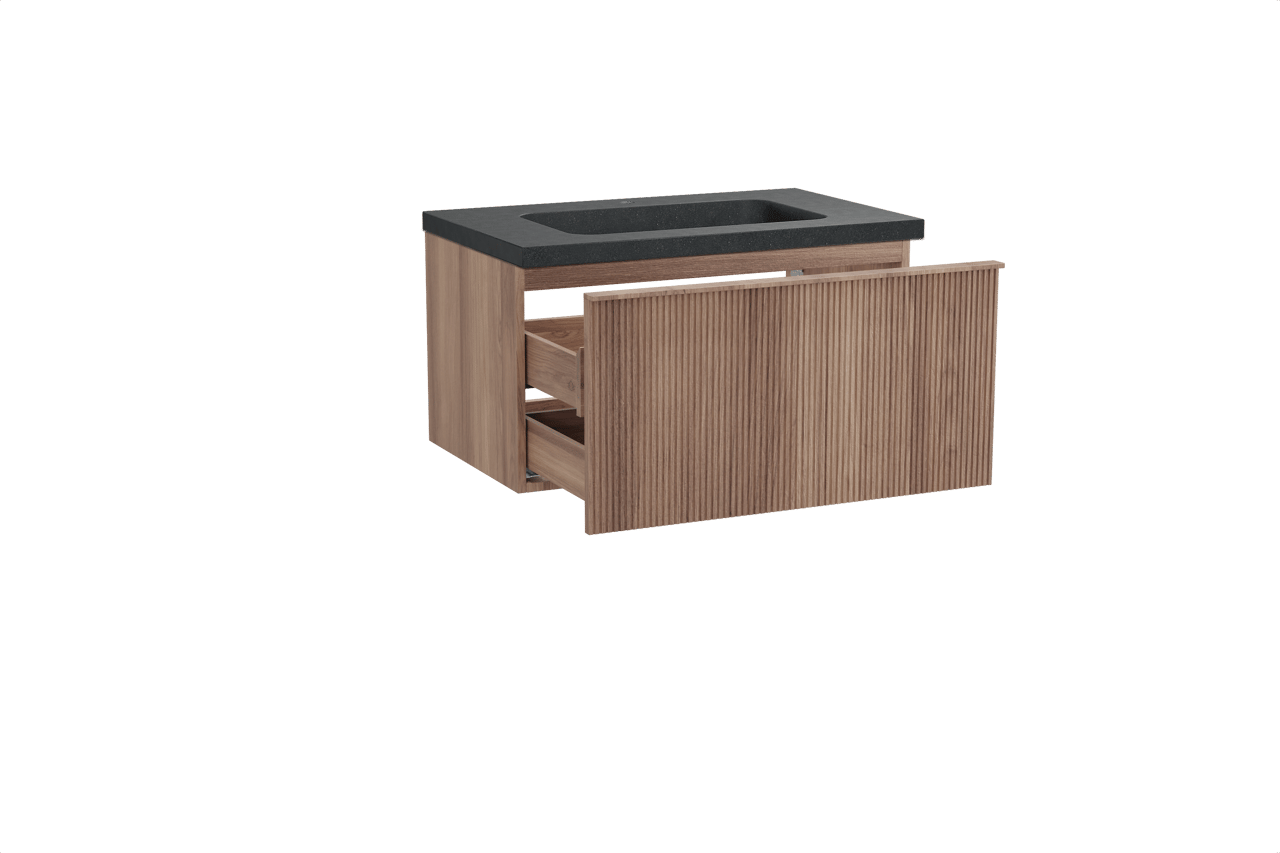 Balmani Forma hängendes Möbelstück Set: 90 x 55 cm, Teak, mit Napoli Einzelwaschtisch, Granit, Schwarzes Granit, Vertikale symmetrische gerade Rippe