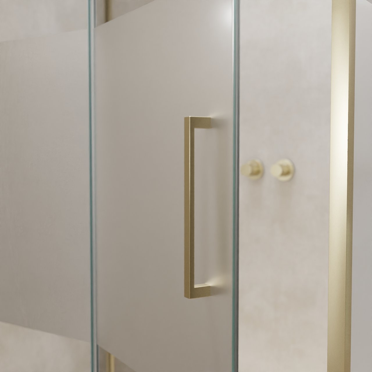 Balmani Senses Design Eckdusche: Drehtür (Links) mit fixierte Seitenwand, 120 x 100 cm, Klarglas mit mattiertem Streifen, Profil Brushed Champagner Gold