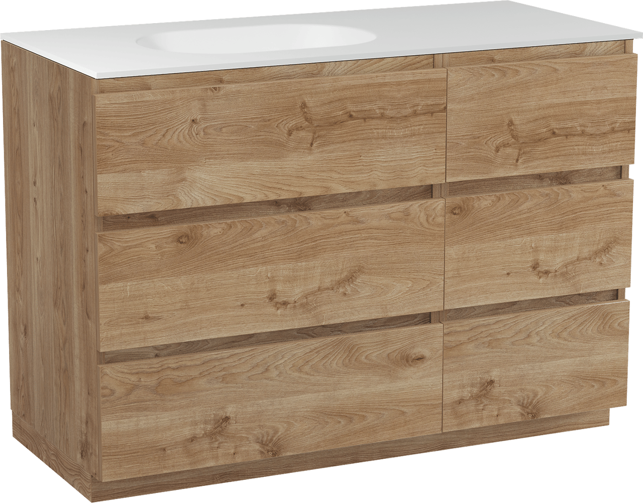 Balmani Lucida freistehendes Möbelstück Set: 120 x 55 cm, Rohe Eiche, mit Tablo Oval Waschtisch links, Solid Surface Weiß matt