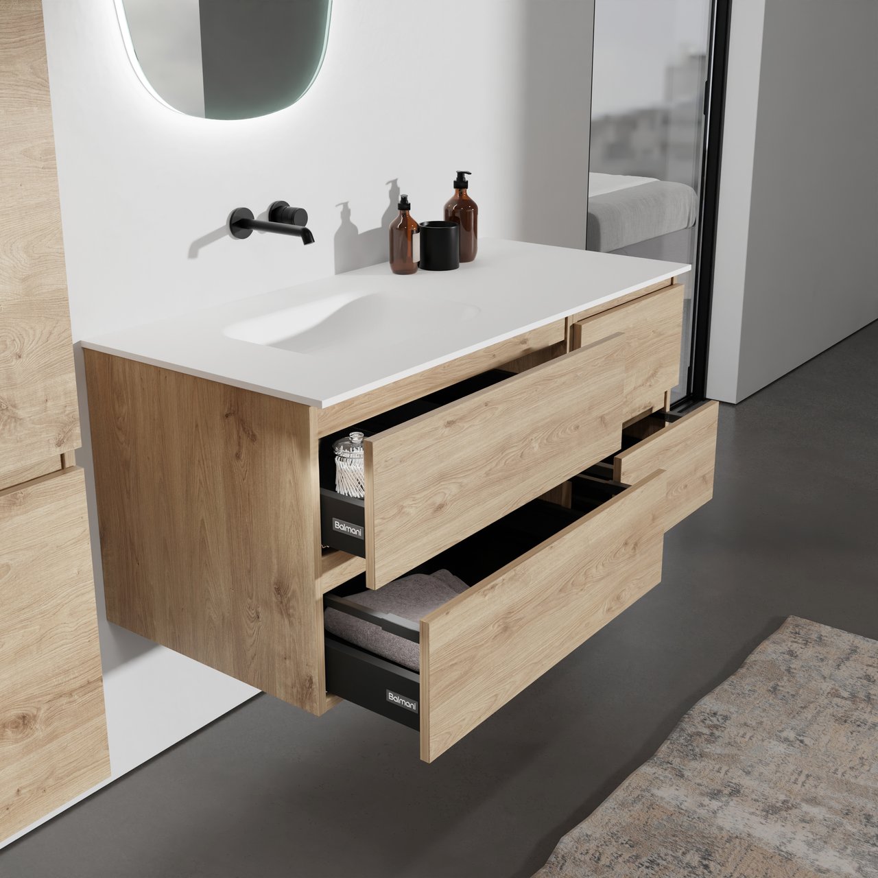 Balmani Lucida hängendes Möbelstück Set: 120 x 55 cm, Rohe Eiche, mit Tablo Arcato Waschtisch links, Solid Surface Weiß matt